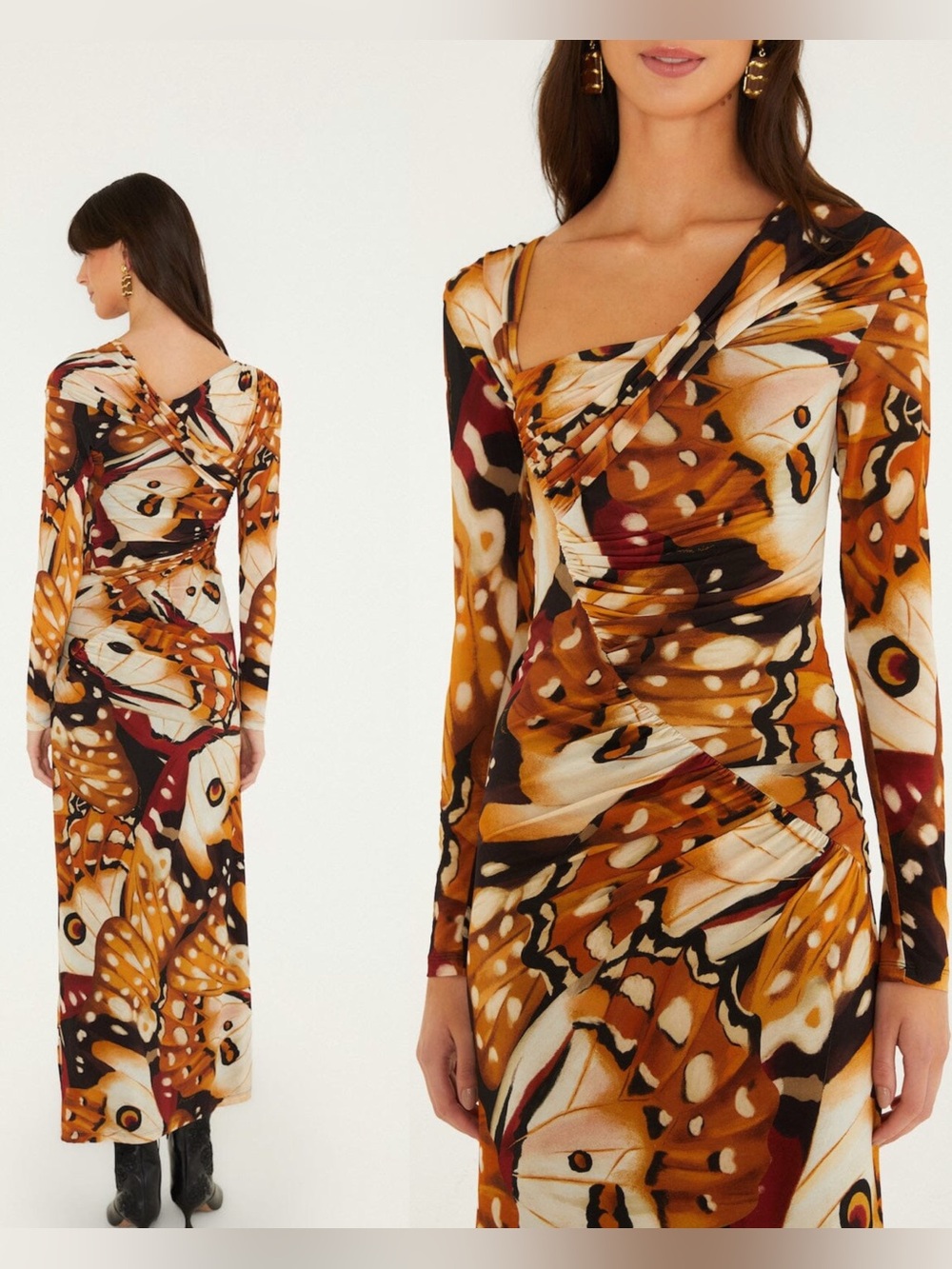 Farm Rio Borbofly Long Sleeve Macrame Print Maxi Dress in Brown Cream Orange M